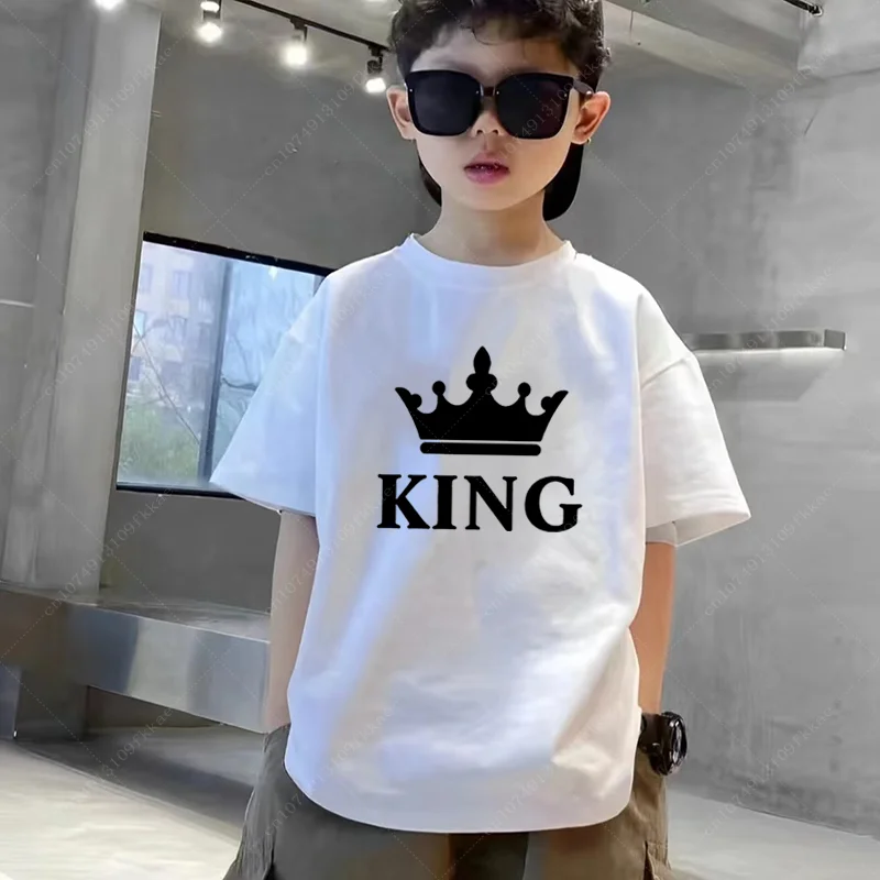 Boy Girl Clothes T Shirt Daughter Son T Shirt  King Queen Letter Graphic Cotton Teenager 3-14year Old Children Summer Casual Top