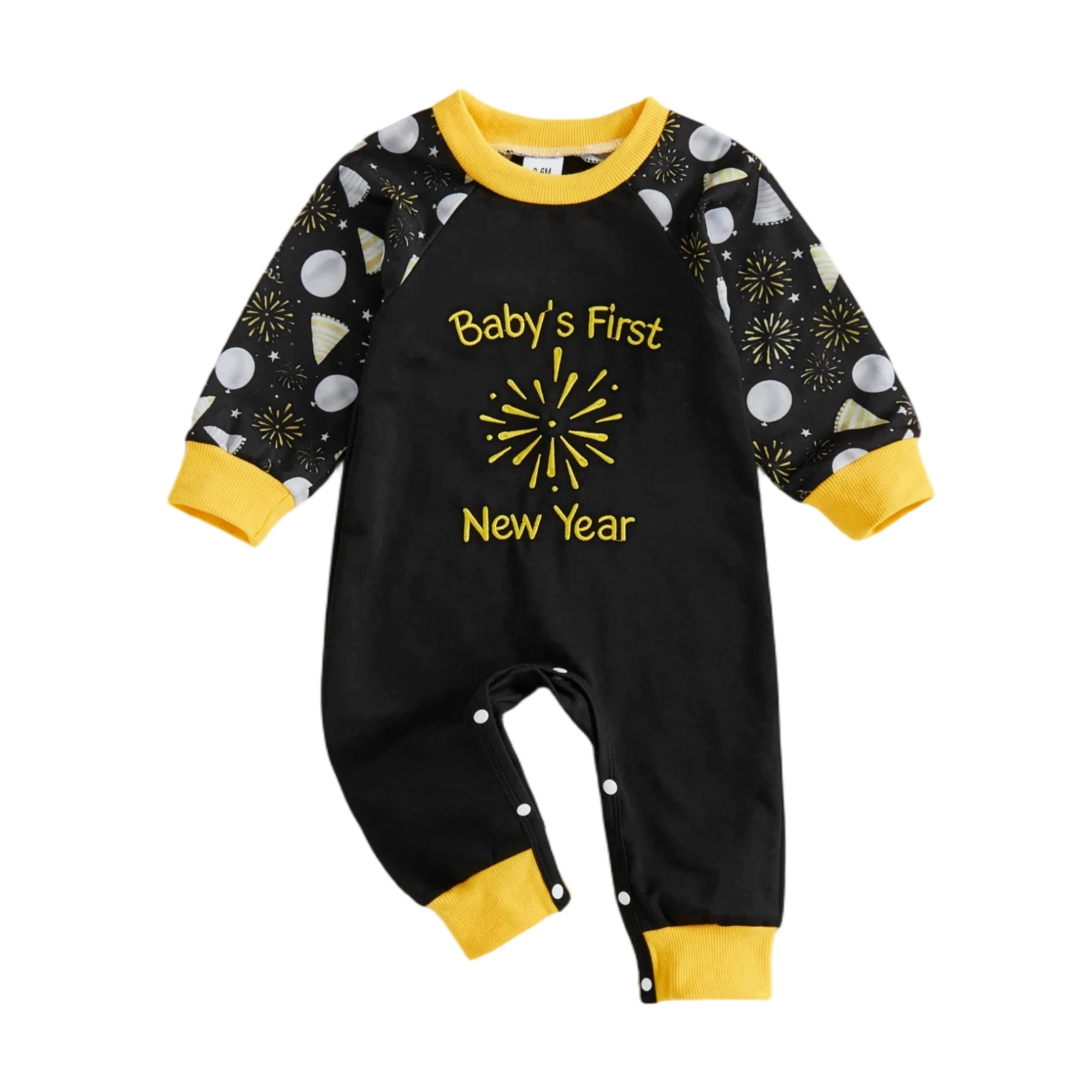 Baby New Years Eve Romper Loose Fit Firework Letter Pattern Crew Neck Long Sleeve Newborn Jumpsuit