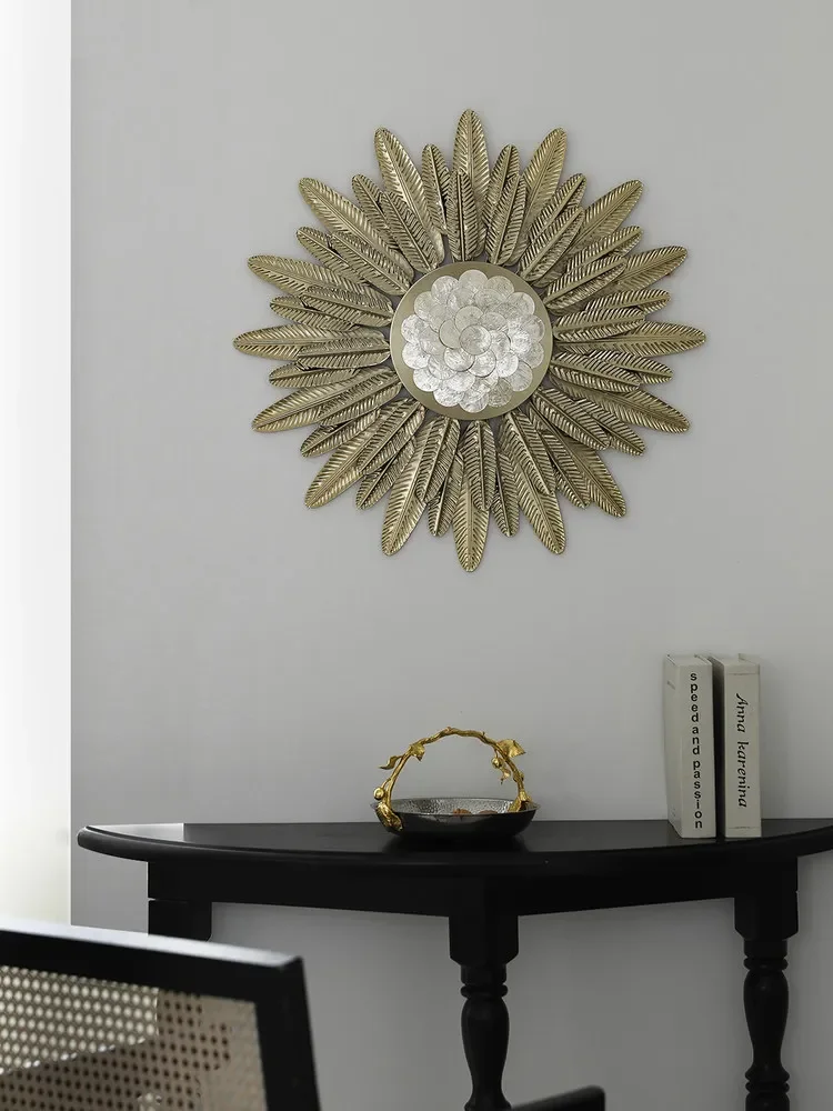 【Natural】Luxury Golden Metal Wall Decor with Mother of Pearl Center Modern Wall Decoration for Living Room Entryway Hallway