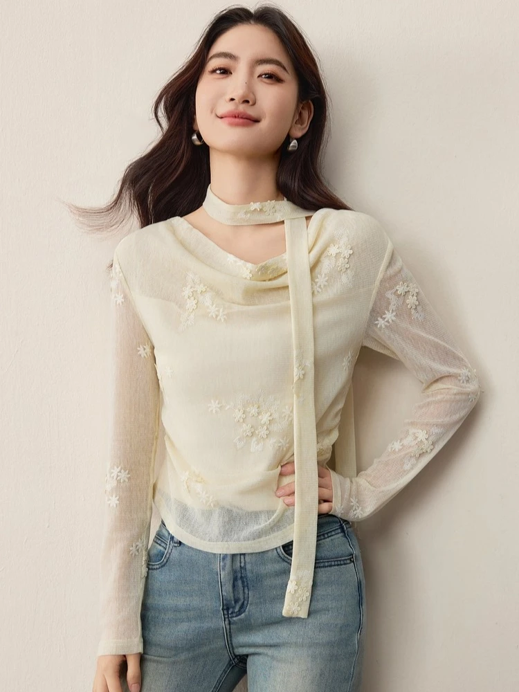 SENTUBILA élégant banlieue dentelle chemises femmes automne 2025 ruban amovible 3D fleurs broderie à manches longues haut 153CF2642