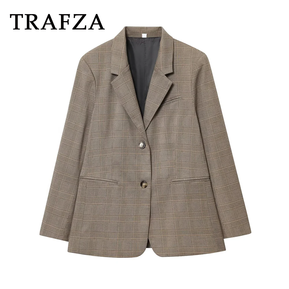 

TRAFZA Vintage Elegant Plaid Single Breasted Business Woman Blazer Fashion 2025 Autumn Office Lady Chic Elegant Mujer Outwear