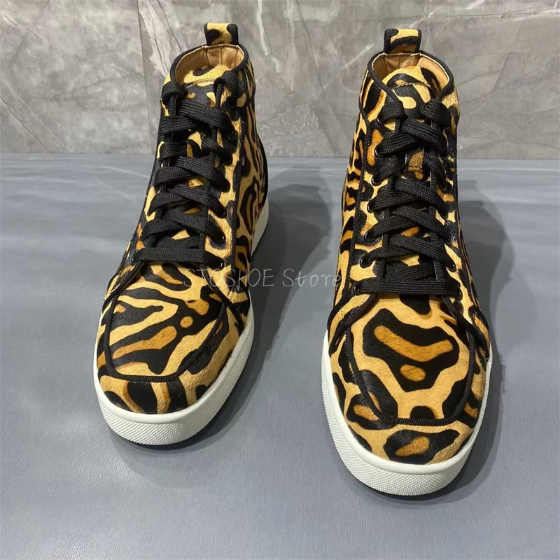 Leopard Print High Top Casual Shoes for Men and Women Lace Up Sports Shoe Sneakers Luxury Brand Handmade High Quality Size 48