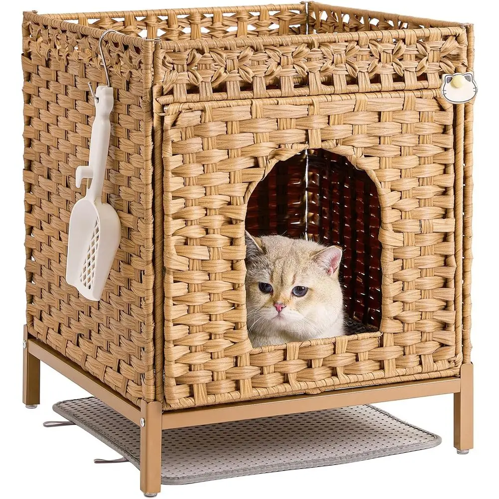 

Elegant Rattan Cat Litter Enclosure with Elevated Metal Frame and Litter Mat, Suitable for Living Spaces