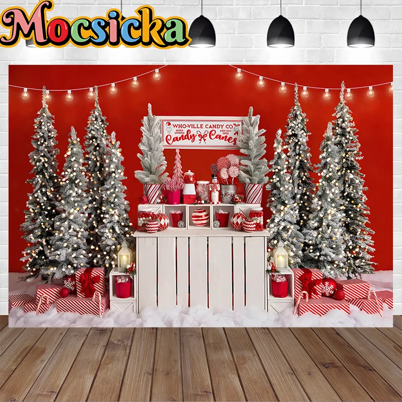 

Christmas Candy Shop Photography Backdrop Creamy Cocoa Stand Xmas Tree Snowy Family Portrait Kids Birthday Cake Smash Background