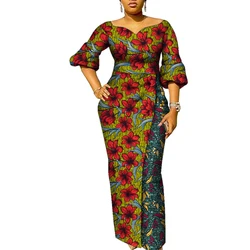 African Dresses for Women Patchwork Ankara Dress Lantern Sleeves Maxi Dress Women Party Dress Lady African Clothes WY9937