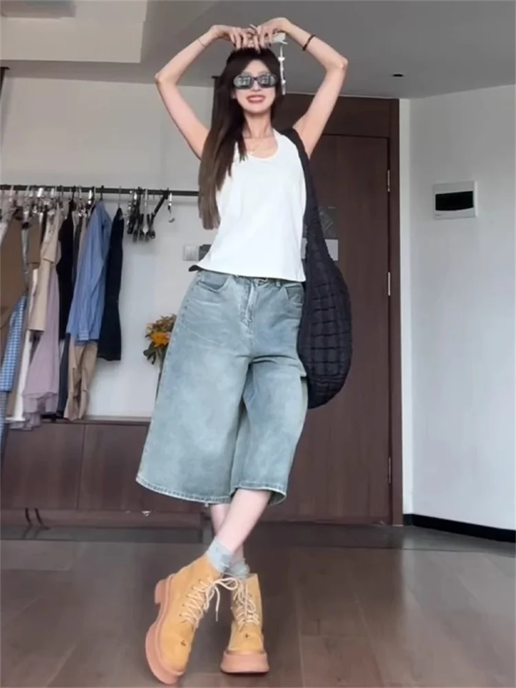 กางเกงยีนส์ทรงหลวมเจ็ดนิ้วสำหรับผู้หญิง ทรงตรงเอวสูง ผอมเพรียว ใส่ได้หลากหลาย สไตล์ลำลอง ความยาวกลางน่อง แฟชั่นฤดูใบไม้ร่วง