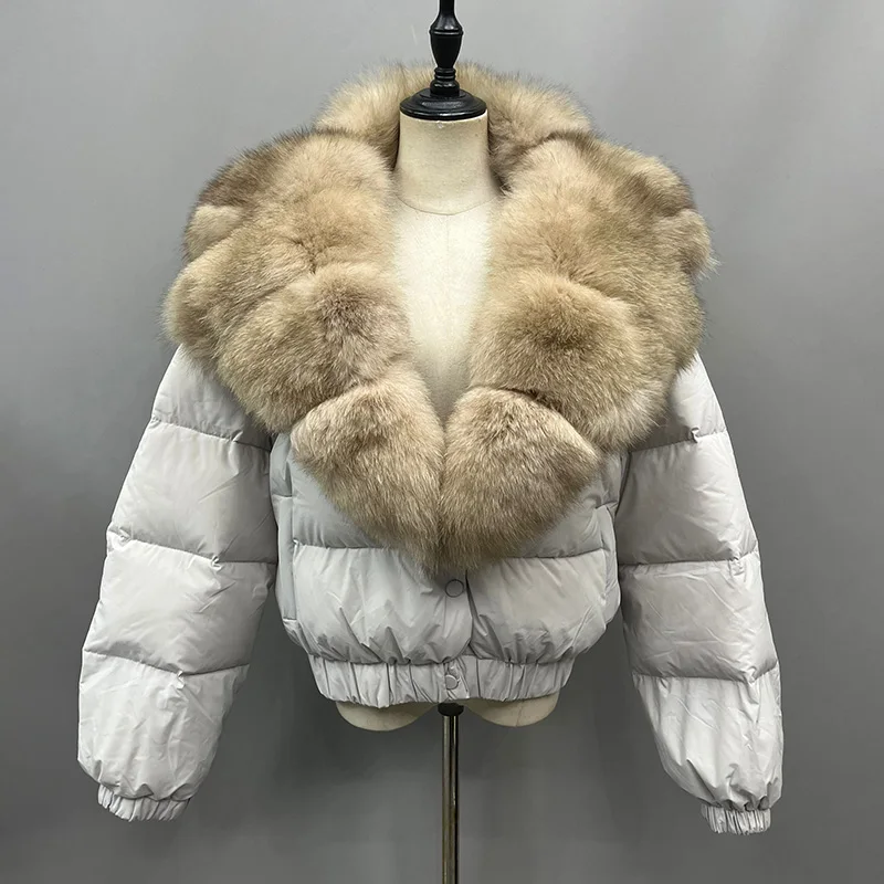 Solto real gola de pele de raposa pato branco para baixo jaqueta feminina inverno luxo puffer casaco oversize pena outwear