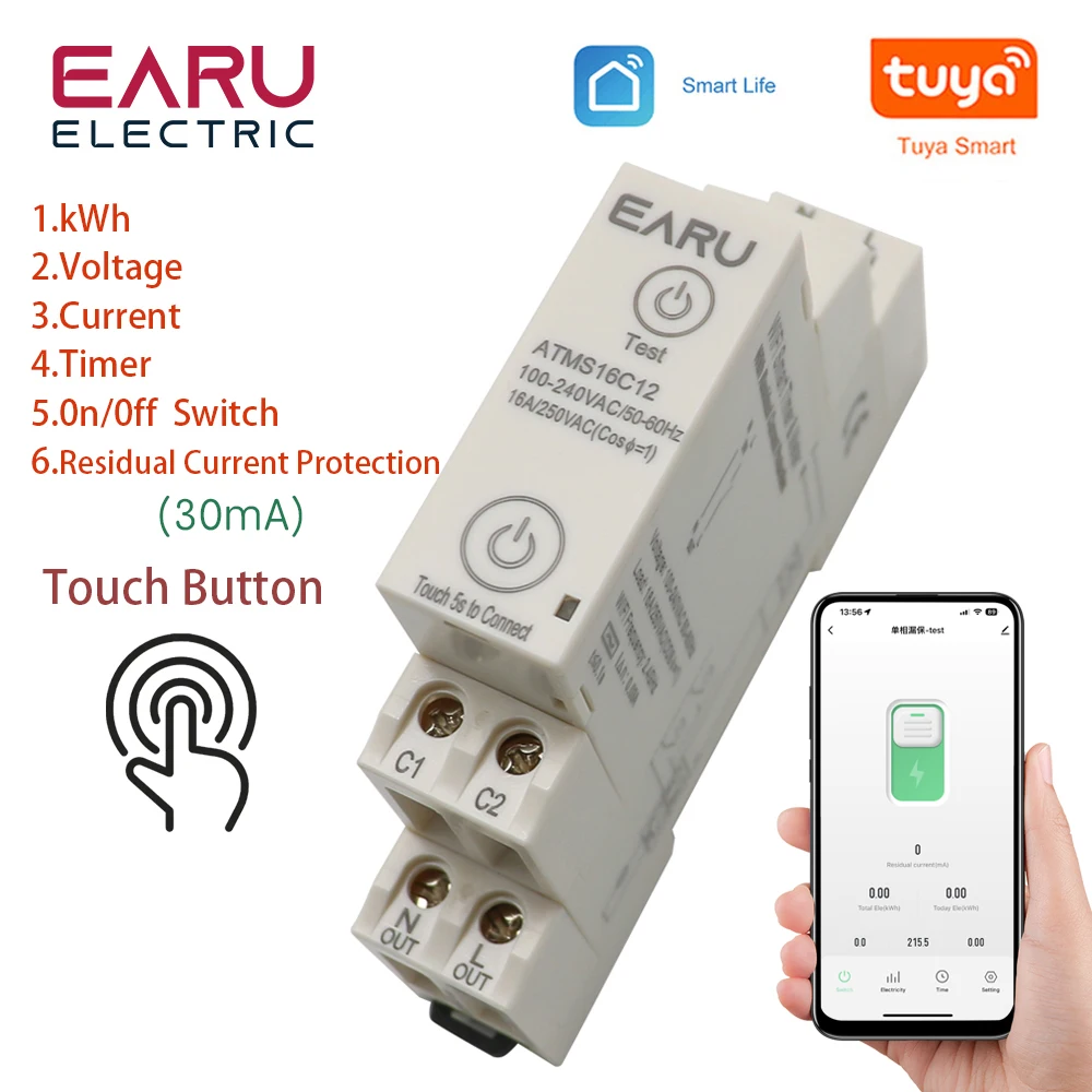 Tuya APP 1P+N AC110V 220V 16A WiFi Smart Circuit Breaker RCBO Timer Relay Switch Remote Control kWh Energy Power Meter Monitor