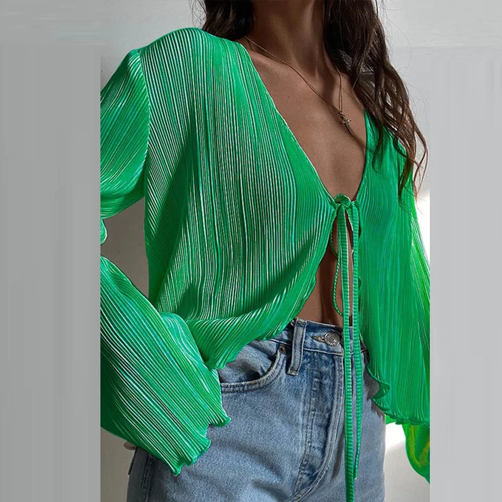 Women Solid Color Striped Cardigan Shirts Long Flare Sleeve Lace-up Deep V Neck Ruffled Tops Casual Party Slit Blouse