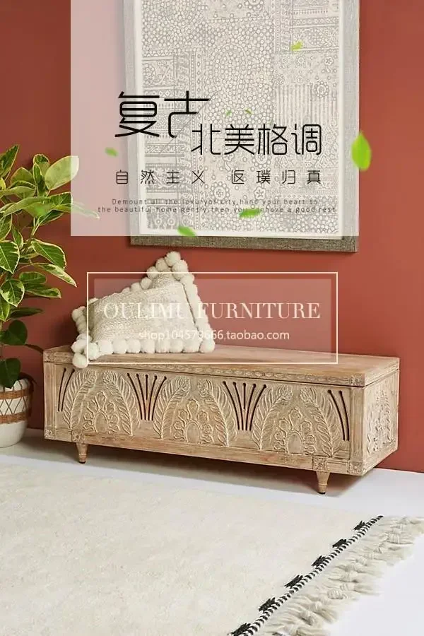l French country solid wood carving flower shoe stool American retro homestay log antique old decorative storage stool box
