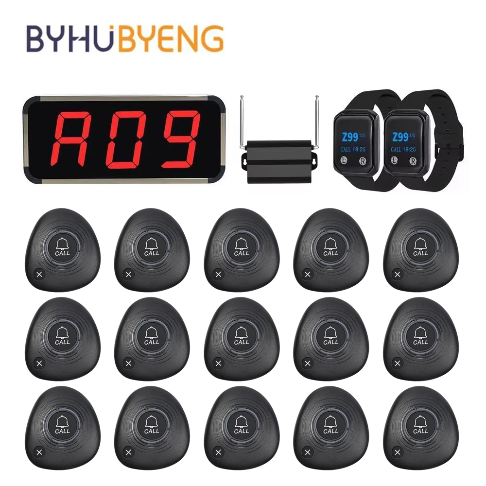 BYHUBYENG Restaurant Draadloos Pager Oproepsysteem Kelneroproepknop + Horlogeontvanger + Signaalversterker + Display