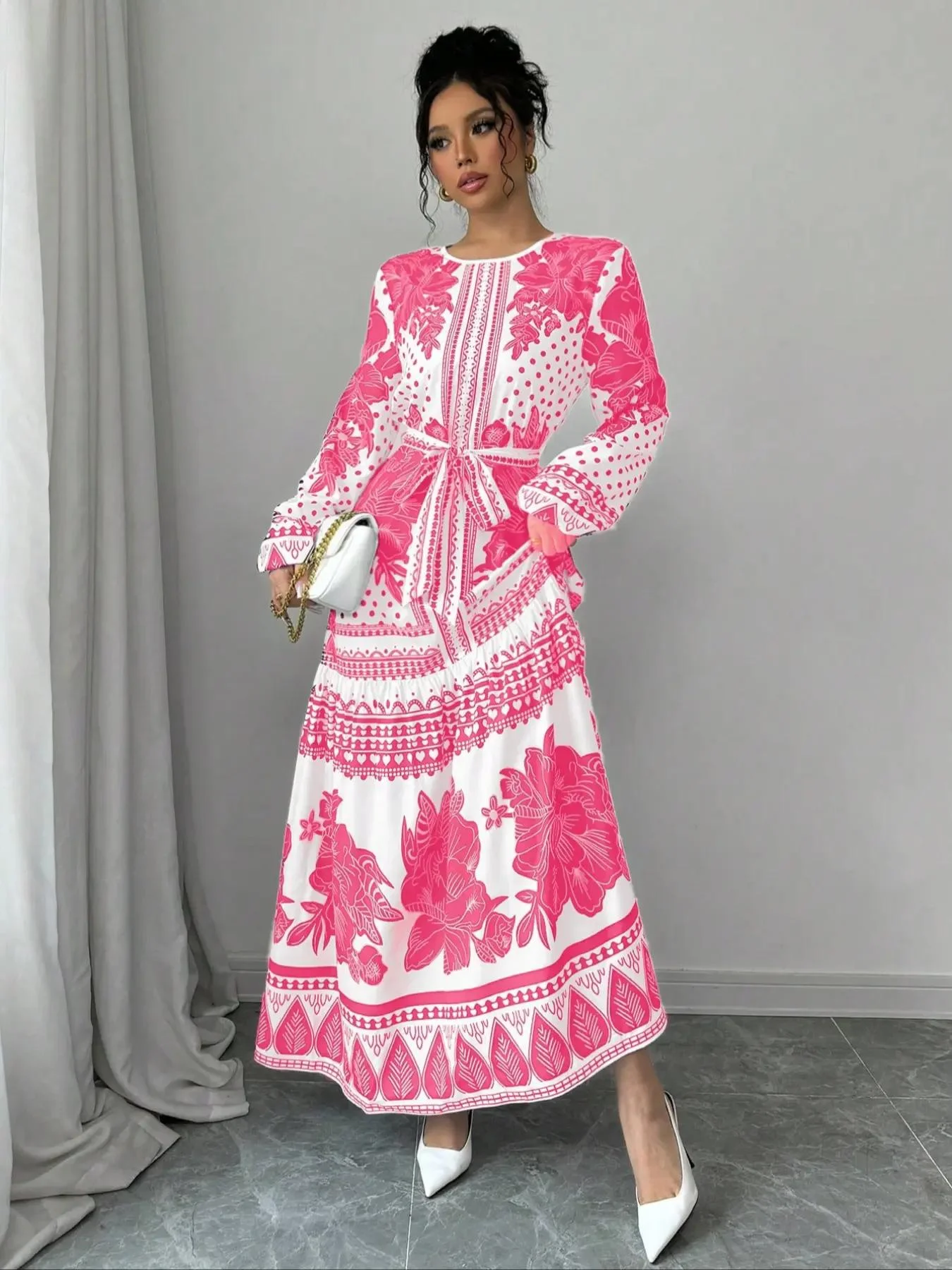 Women's Floral Print Belted Dress, Elegant Fashion Casual Long Sleeve Dress for Daily Outdoor Wear, Women Dress for Summer