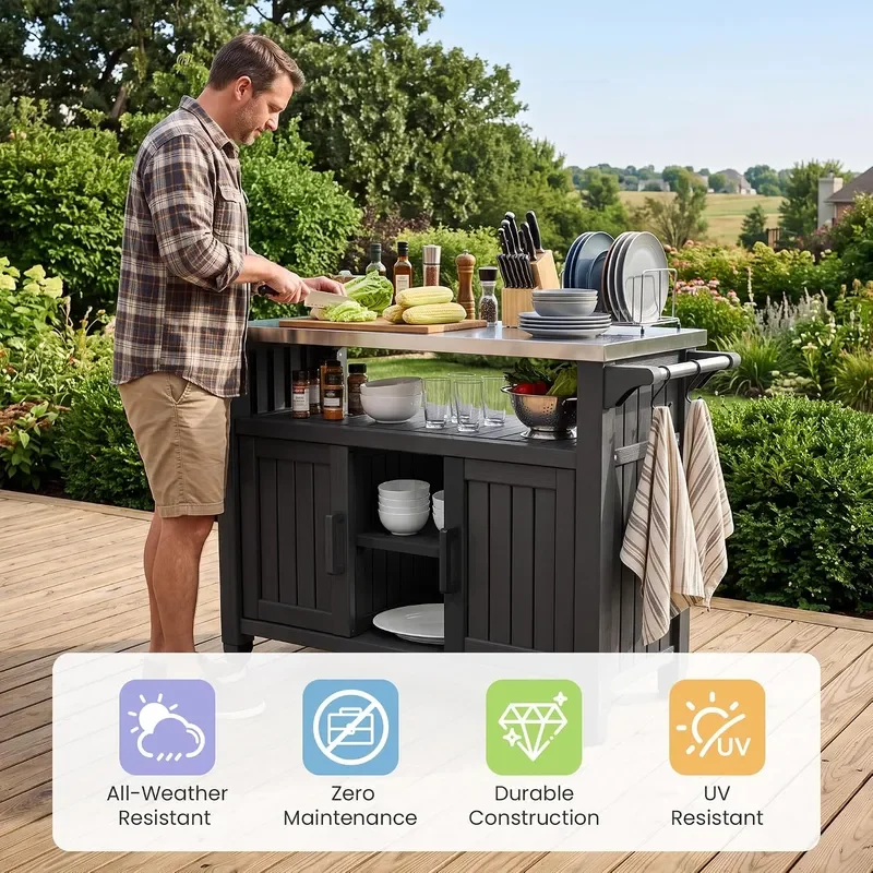 Outdoor Grill Table Grill Cart with Stainless Steel Top Storage Cabinet for Food Prep and Storage Portable and Durable with