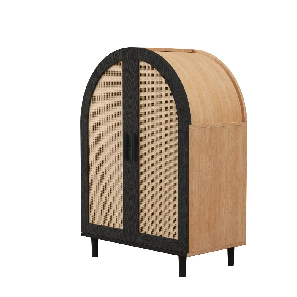 Elegantes Sideboard/Schuhschrank mit abgerundeten Außentüren, gebrochenen Rattan und drei Regalen. – Detail 23