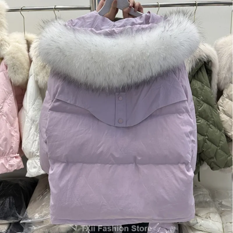 Winter Large Natural Fur Hooded Tooling Parka Women 90 White Duck Down Thick Jacket High Waist Loose Windbreak Warm Coat 2023