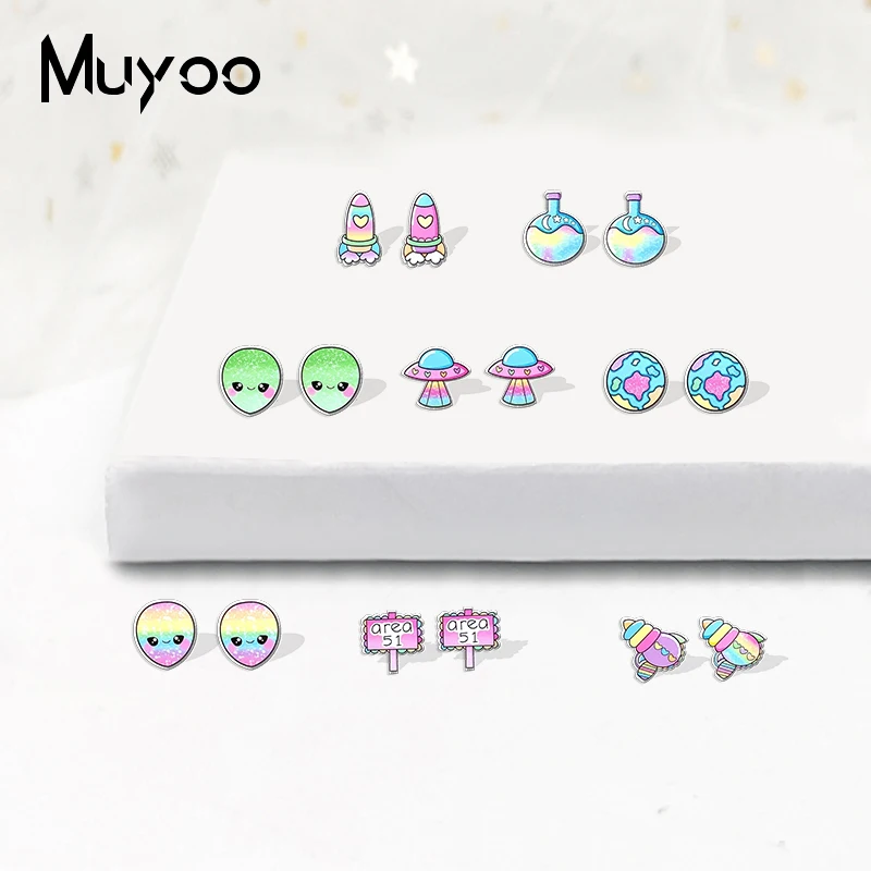 2022 New Fashion Rainbow Space Aliens UFO Earth Rainbow Stainless Steel Stud Earrings Handcraft Epoxy Acrylic Earrings