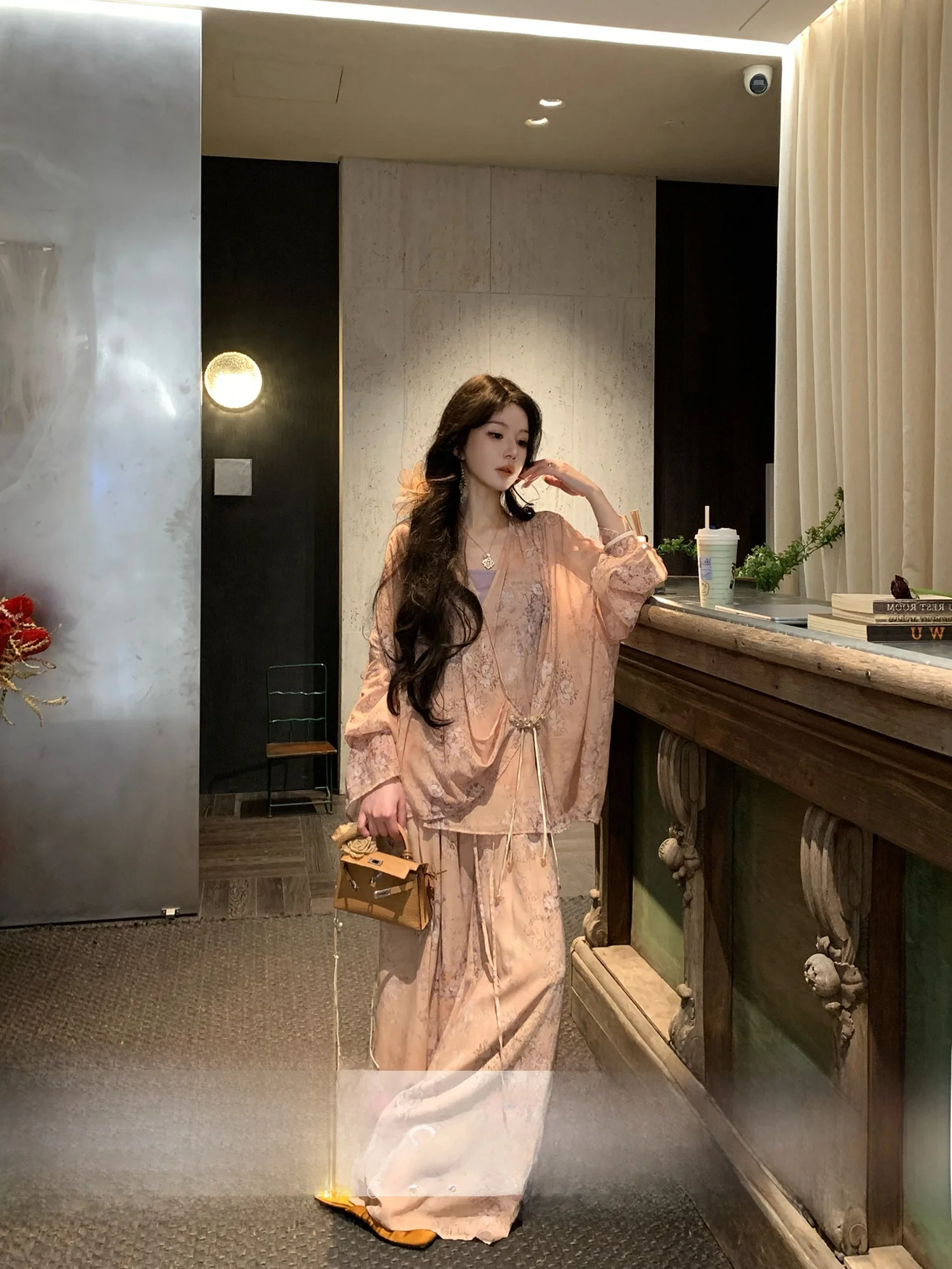 

New Chinese Style Floral Print V-Neck Top And Long Pants Women's Casual Outfit Set Copper Ammonia Long Sleeve Shirt