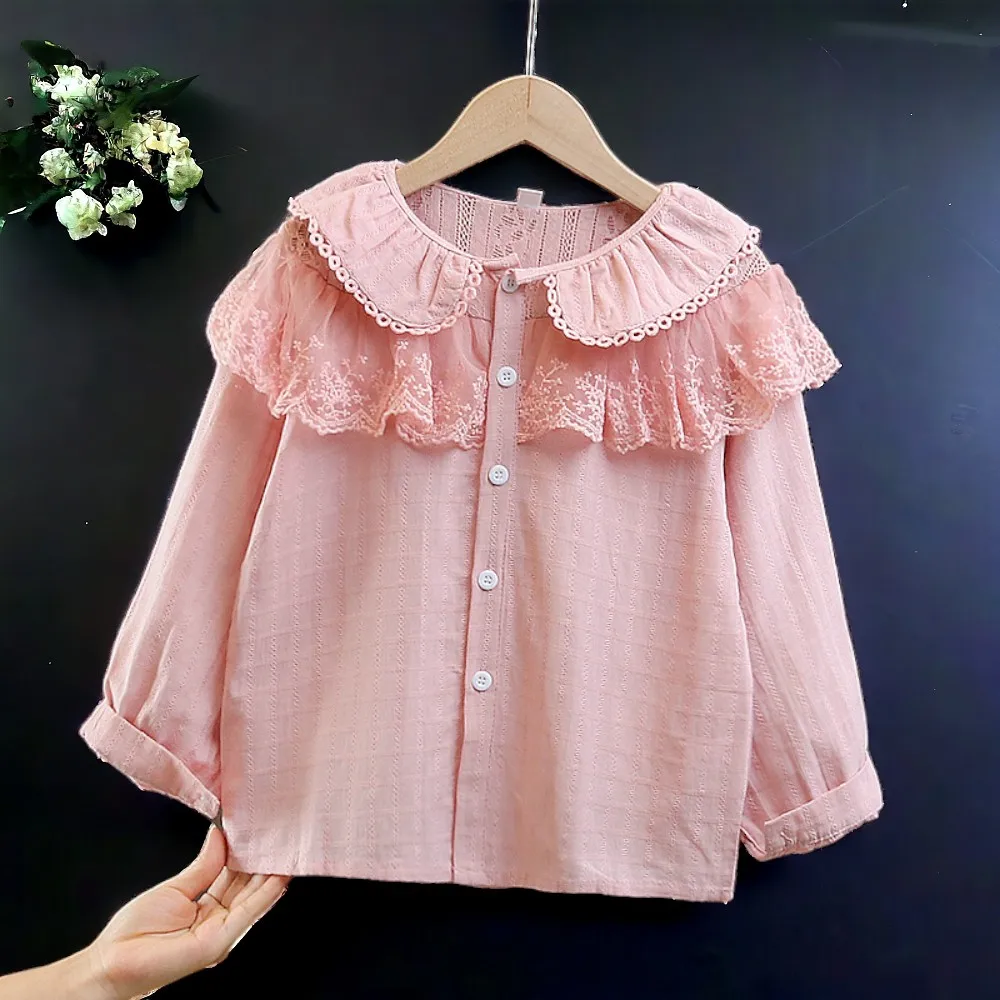 Baby Kids Outfits Girls Shirts Long Sleeve Pink Lace Blouses School Uniform Tops Teenagers Children Costumes  5 7 9 10 12 Years