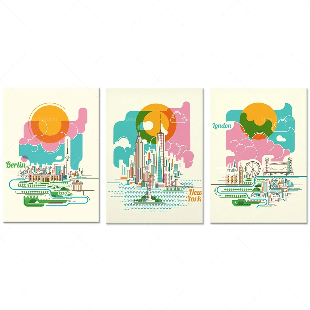 Impresiones de Londres, Berlín, arte de pared en color de Nueva York, mapa de Nueva York, póster de Estatua de la Libertad, cartel de viaje de Alemania Bauhaus, arte del horizonte po