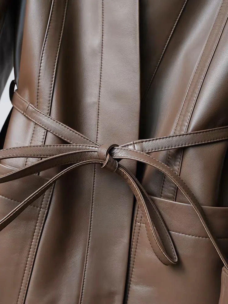 ملابس مستوردة من جلد الغنم أوشحة جلدية حقيقية سترة نسائية برقبة على شكل حرف v سترة طويلة متوسطة غير رسمية مع وشاح Abrigo Mujer