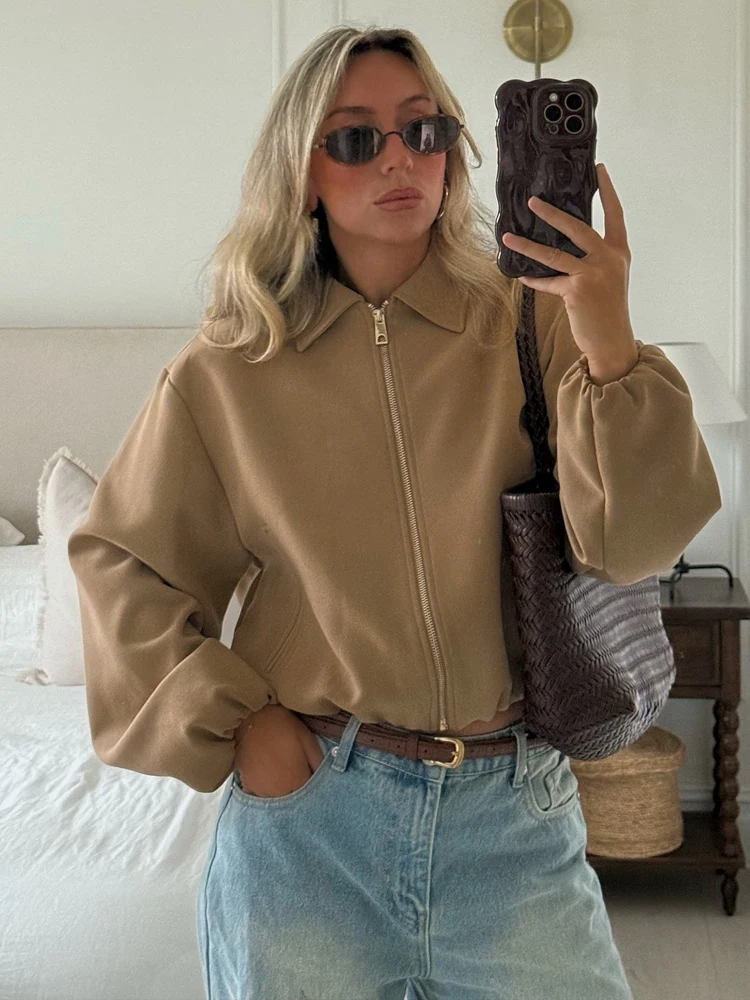 

HH Casual Women Cropped Bomber Jacket 2025 Autumn Long Sleeves Lapel Pocket Zipper Solid Short Coats Chic Street Style Outerwear