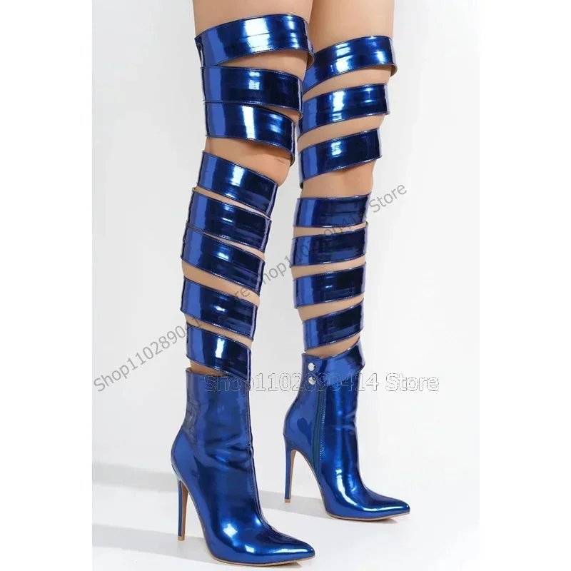

Blue Hollow Design Pointed Toe Patent Leather Boots Side Zipper Women Shoes Thin High Heels Sexy Runway 2023 Zapatos Para Mujere