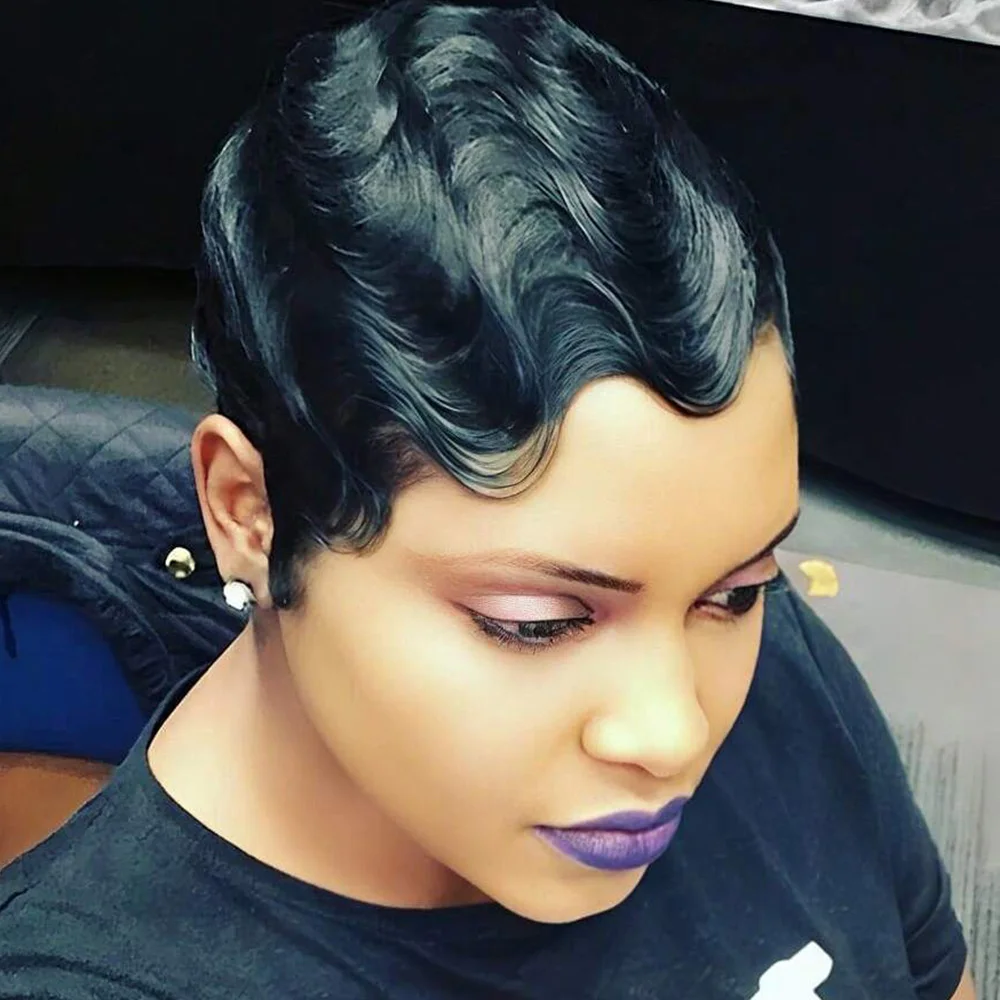 Peruki z krótkimi falami, peruka pixie cut, naturalny czarny kolor dla kobiet, krótka peruka z falami oceanicznymi, peruka wykonana maszynowo