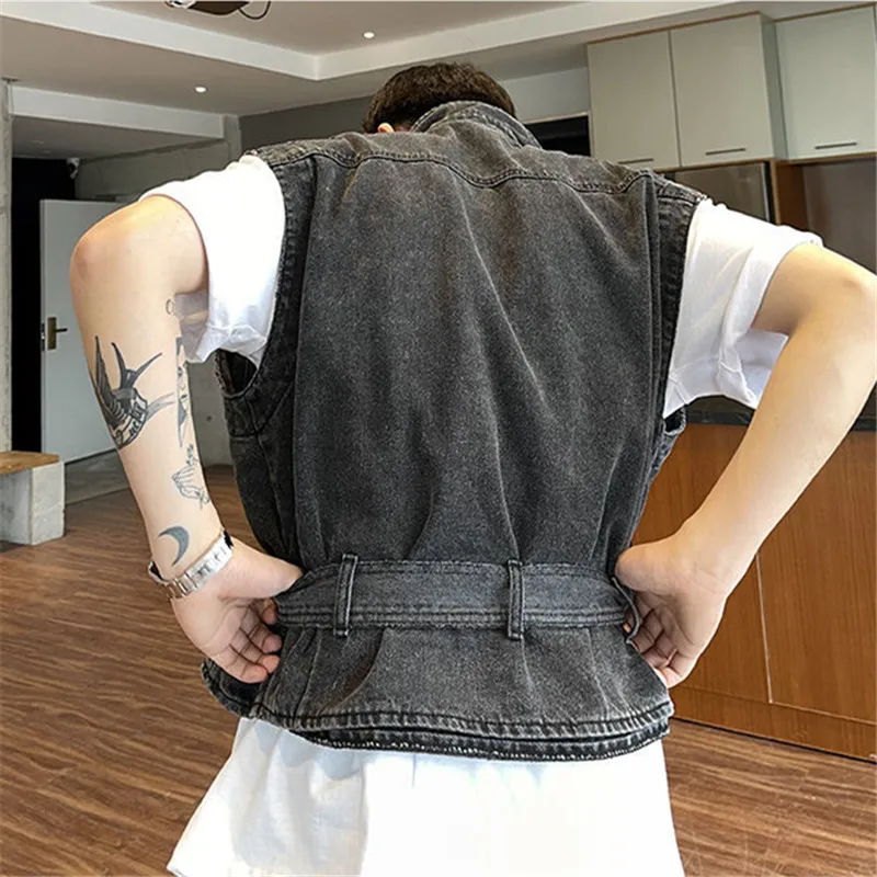 Vintage Sleeveless Cargo Jacket Streetwear Casual Denim Vest Men Fashion Coats Male Waistcoat Loose Men Clothing Jeans Gilets