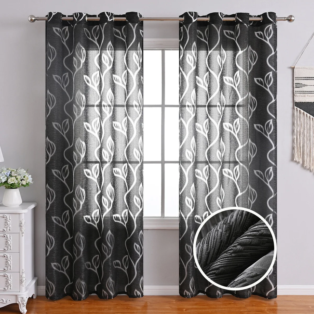 Curtain Leave Print Black Window Curtains Living Room Bedroom Sheer Seersucker Drape 2 Panels Grommet Top Modern Style Famhouse