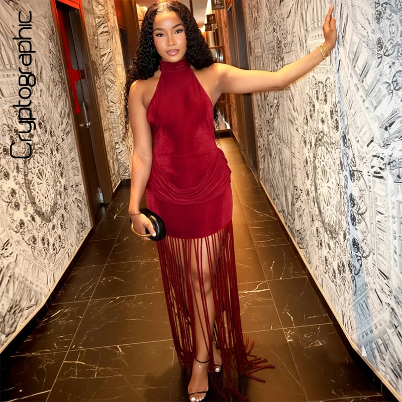 

Cryptographic Red Fringe Halter Maxi Dress Backless Bodycon with Front&Back Draped Waist Full-Length Tassel Evening Party Gown