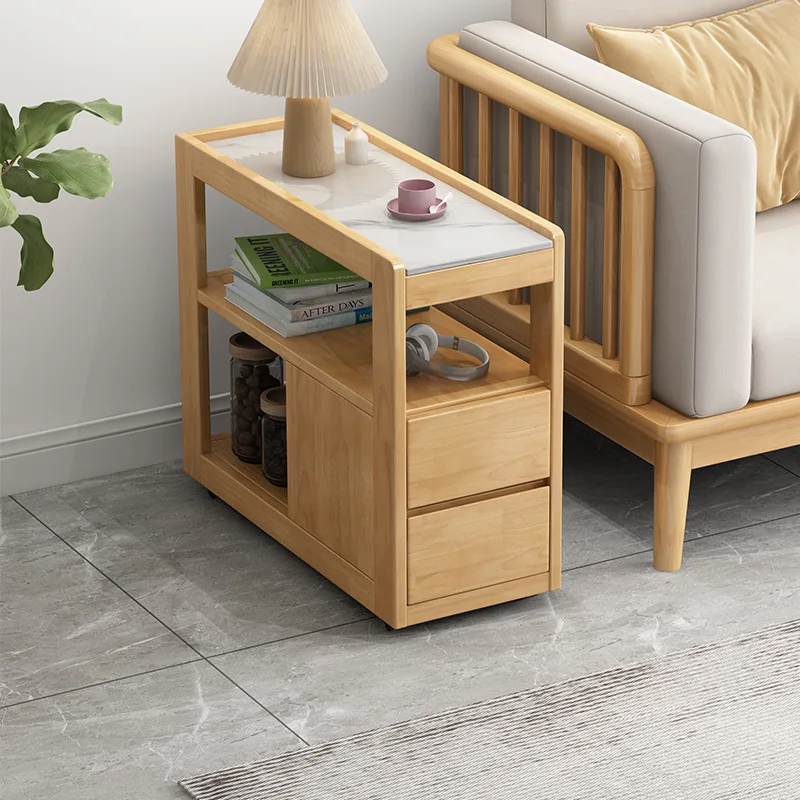 Cross-border Nordic solid wood sofa edge, rock slab countertop movable wheeled side cabinet, light luxury living room storage