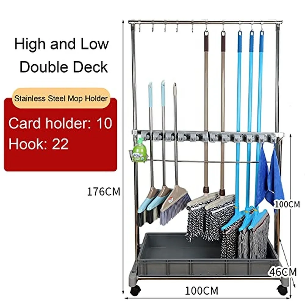 Movable Broom Mop Holder Utility Floor Standing Cleaning Tool Cart Movable Commercial Mop Rack Cleaning Supplies