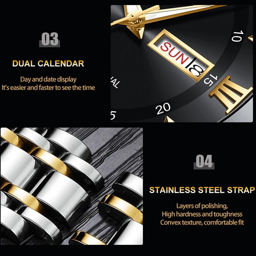 2025 New Men's Watch Luxury Blue Gold Stainless Steel Strap Original Dual Calendar Quartz Movement Business Rhinestone Men Watch