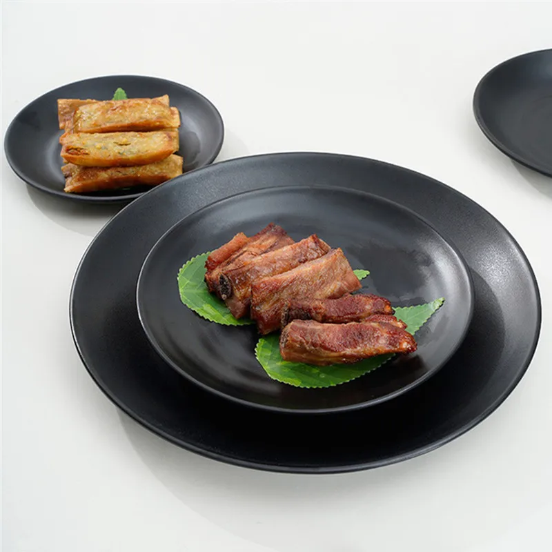 Black Melamine Anti-fall Dinner Plate Round Food Snacks Sushi Steak Tray Dessert Tea Tableware Dish Kitchen Accessories