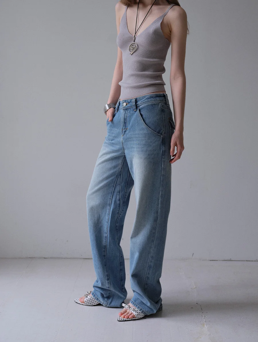 

DKZ Blue Straight Leg Jeans Women's Summer New Retro Versatile Basic Long Pants Cotton Natural Waist Button Closure Medium St...