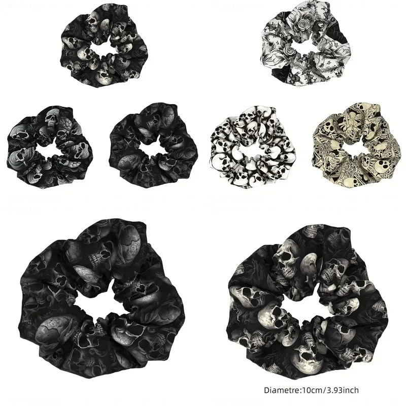 3pcs Gothic Skull Print Scrunchies Vintage Fabric Hair Ties for Women Halloween Accessories with Skull Crossbones Design Soft