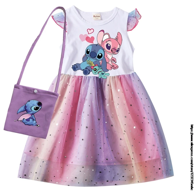 Lilo And Stitch Summer Girls Cotton T Shirt Patchwork Dress +Bag Children Girl Home Party Casual Clothes Dresses