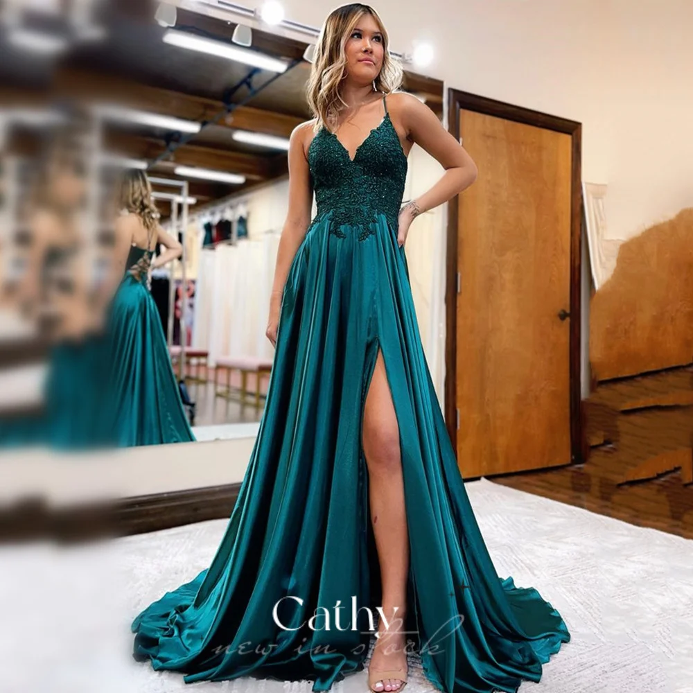 

Cathy Elegant Silk A-line Prom Dress 2023 Sexy Side Split Evening Dress Spaghetti Strap فستان سهرة Lace Embroid Party Dresses