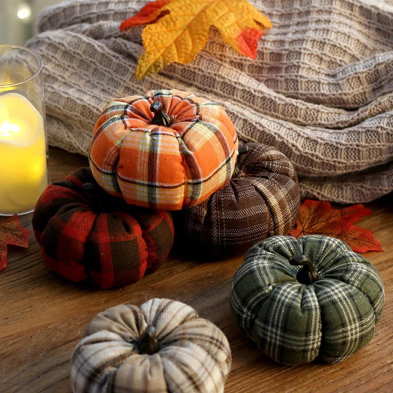 1-20PCS Harvest Thanksgiving Plaid Fabric Pumpkin Ornament Halloween Fall Scene Decoration for Home Party Indoor Outdoor Yard