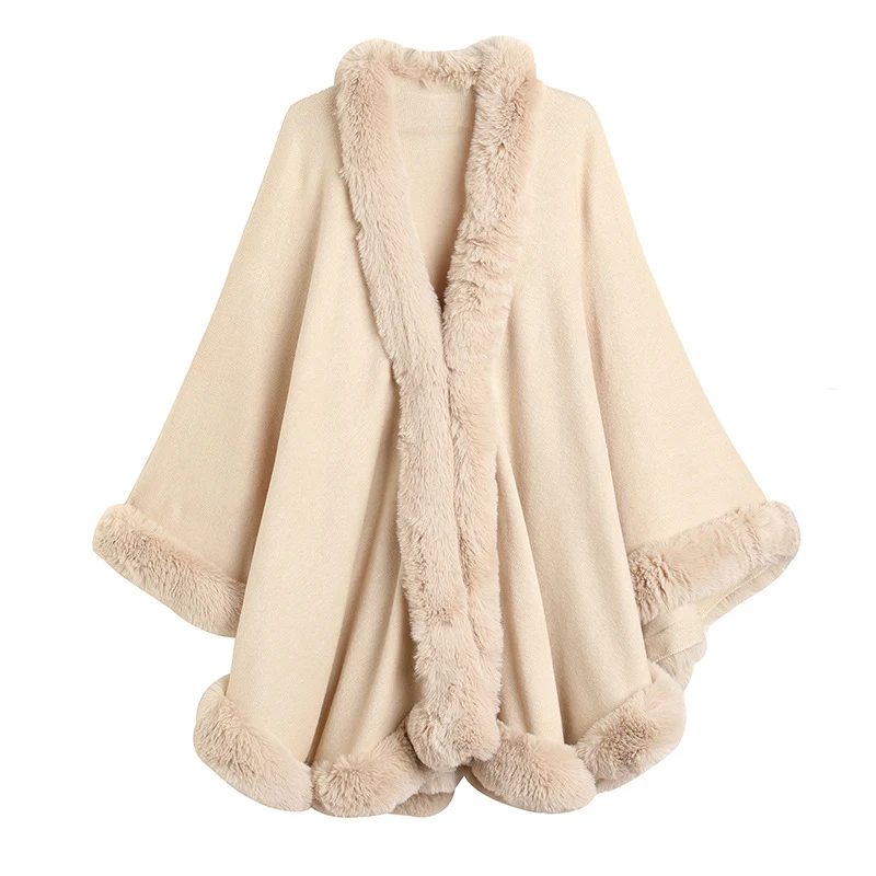 Women Soft Faux Rex Rabbit Fur Cape Coat Knitted Cardigan Cloak Long Big Shawl Fashion Outwear Casacos De Inverno Femininos