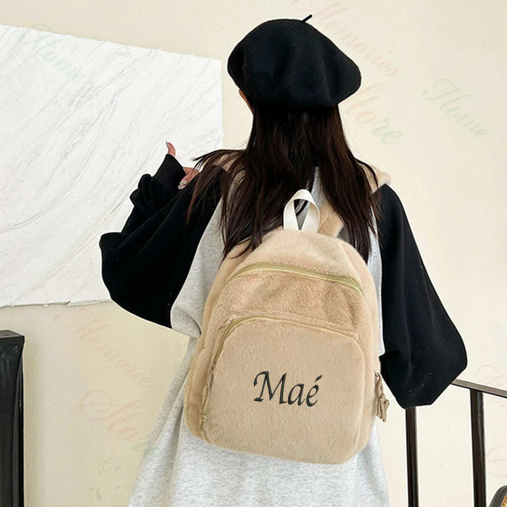 Personalized Name Solid Color Plush Bag High School Student Backpack Custom Embroidery Women\'s Autumn/Winter Commuting Backpacks