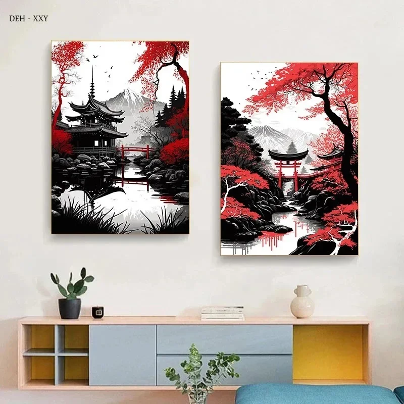 Canvas Painting Japanese Natural Landscape Mountain Temple Canvas Posters Vintage Black Red Ink Art Wall Art Prints Home Decor