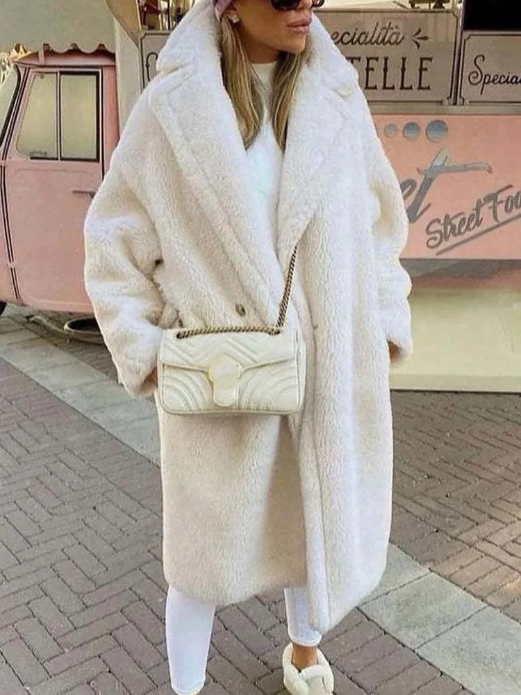 Winter Thick Jacket Women Faux Fur Lambswool Fleece Teddy Coat Female Fashion Solid Color Loose Long Sleeve Lapel Long Outerwear