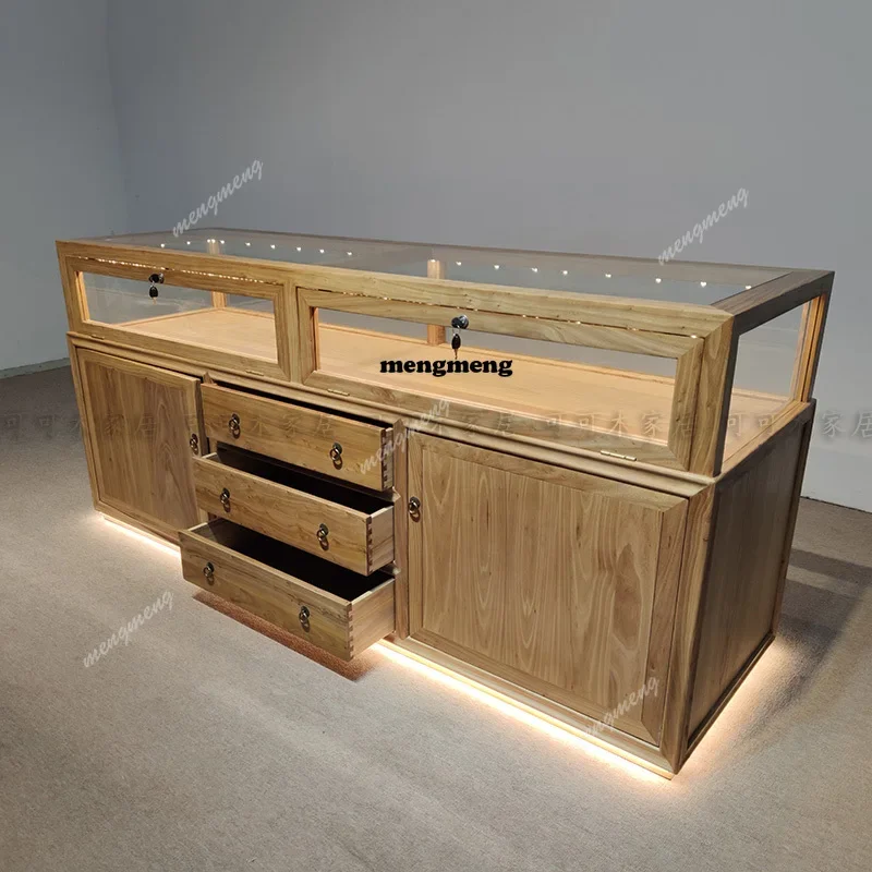 C178 Hot sales Old Elm Jewelry Display Cabinet Jewelry Container Retro Wenwan Jade Display Cabinet Glass Zhongdao Counter
