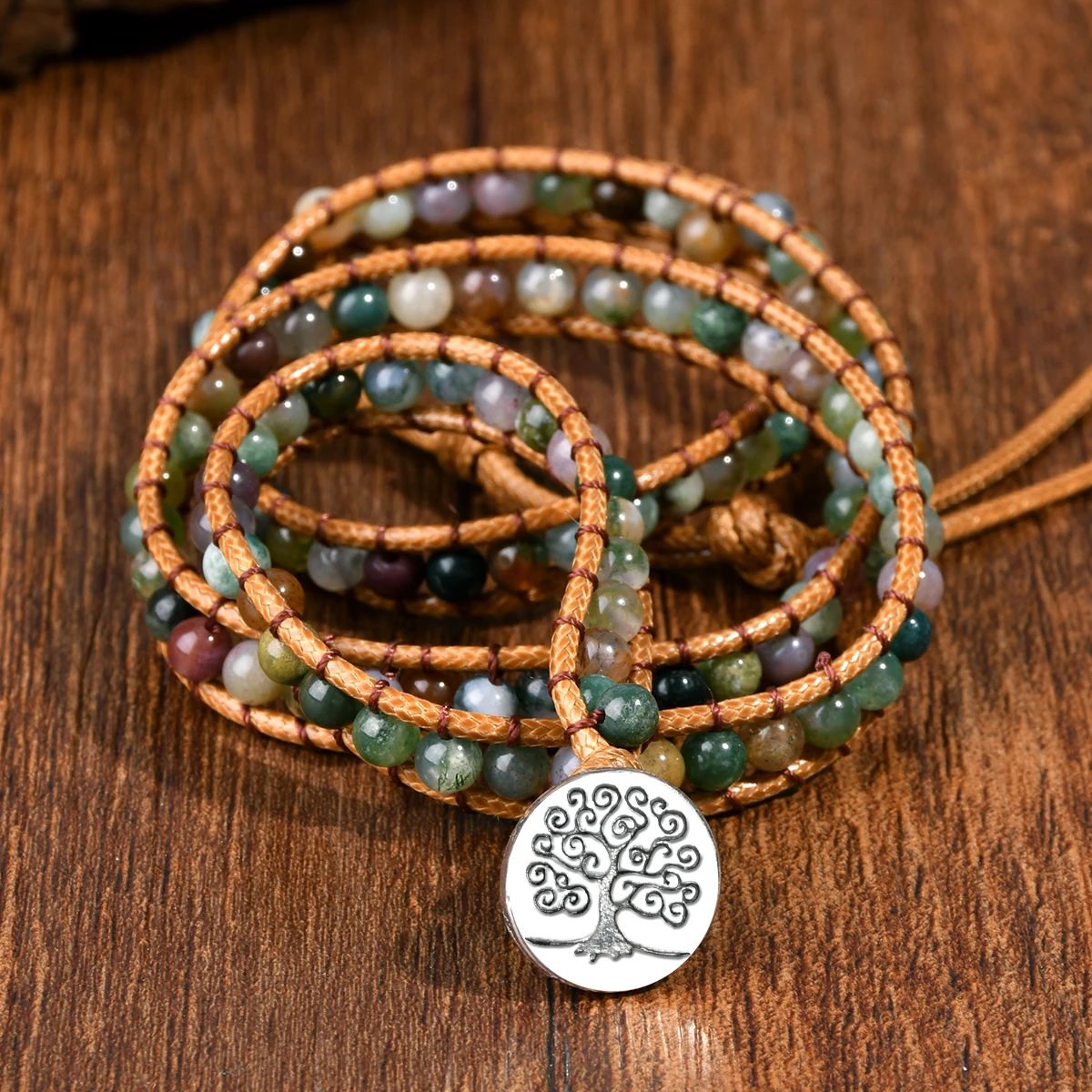 Yumfeel 1PC Multi-layer Wrapped Bracelet Boho Indian Agate 4mm Round Beads Handmade Braided Leather Rope Women Woven Bracelet - view 6