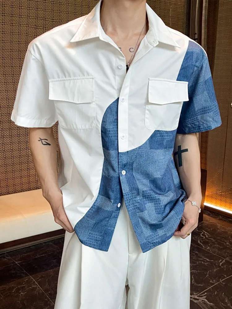 Summer Men's Plaid Patchwork Shirt Korean Casual Fashion Designer Workwear Style Male Short Sleeved Color Blocking Shirts