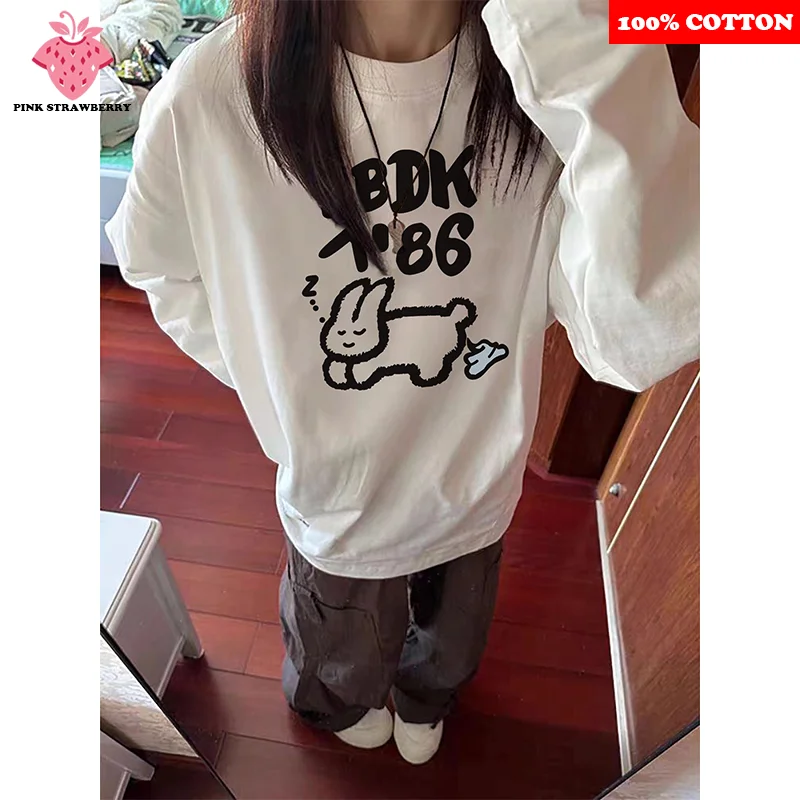 

White Long sleeved T-shirt Women Autumn Winter 2025 New Korean style Cute cat graffiti Tee Loose Casual Y2k Top Female clothing