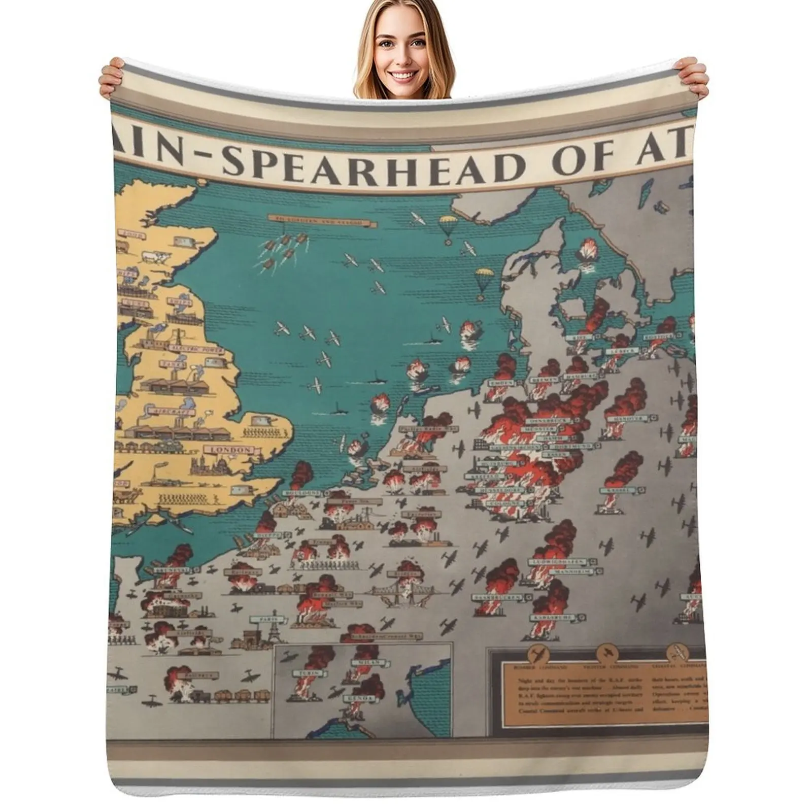 

Vintage WW2 British Military Map 1944 Throw Blanket Warm Flannel Blanket for Couch Chair Bedroom