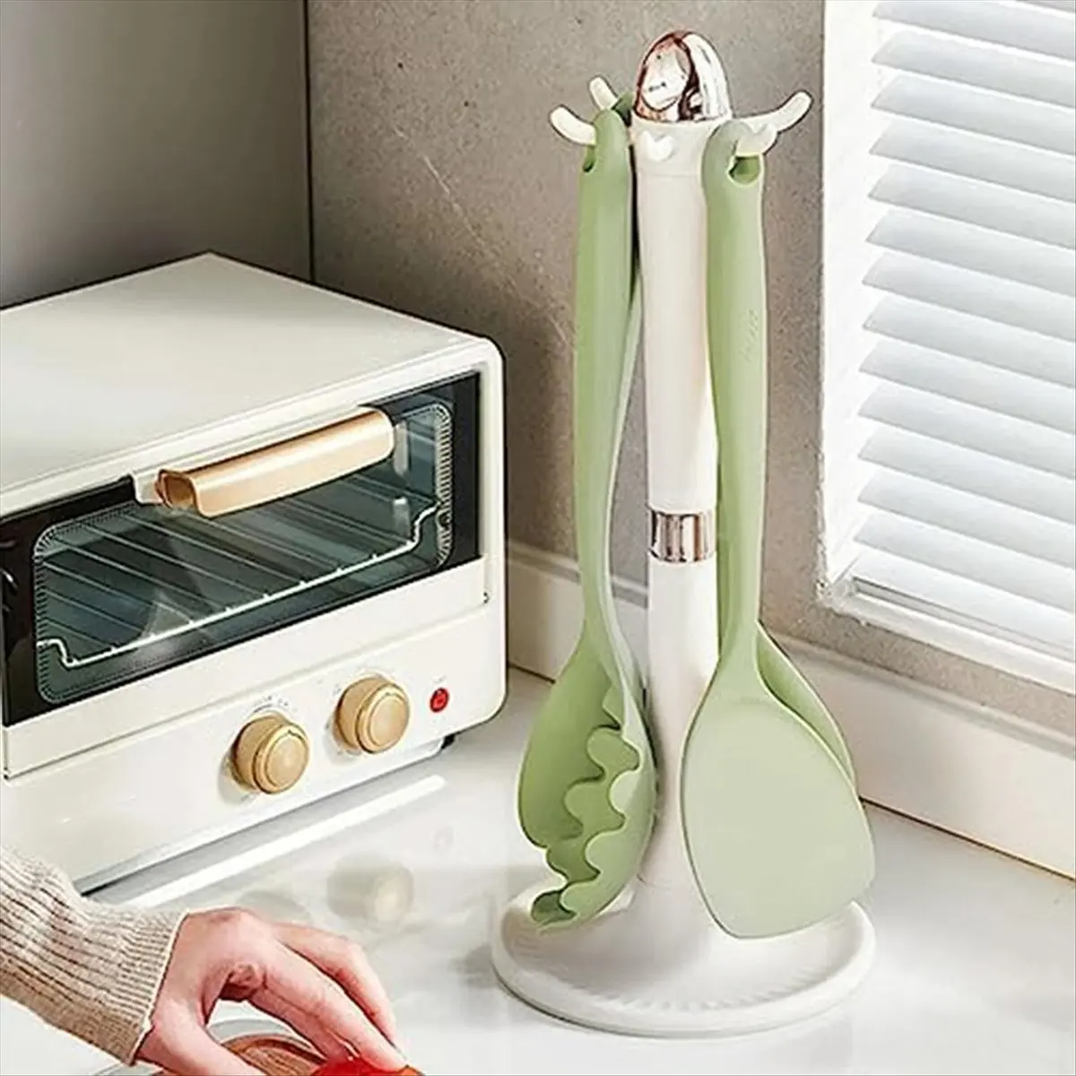 B-est Countertop Utensil Stand, Rotating Utensil Holder, Anti-Slip Utensil Storage Holder, Heavy Duty Rotating Organizer Beige