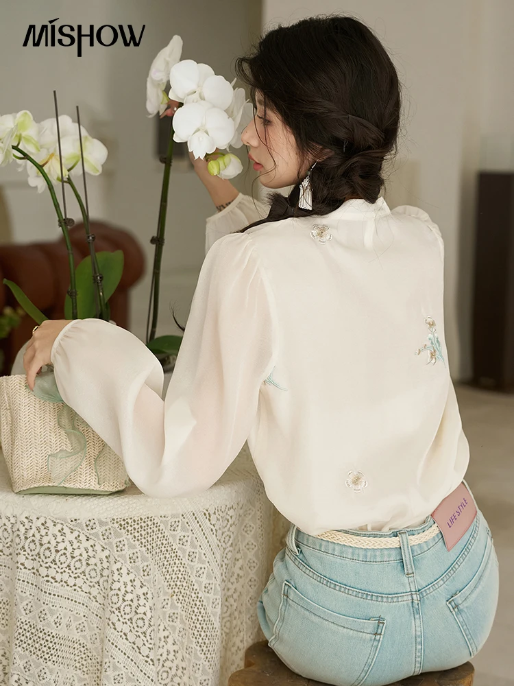 MISHOW Chinese Sweet Tassel Stand Collar Shirt for Women Spring 2024 Flower Embroidery Concentric Knot Buckle Shirts MXD14C0228